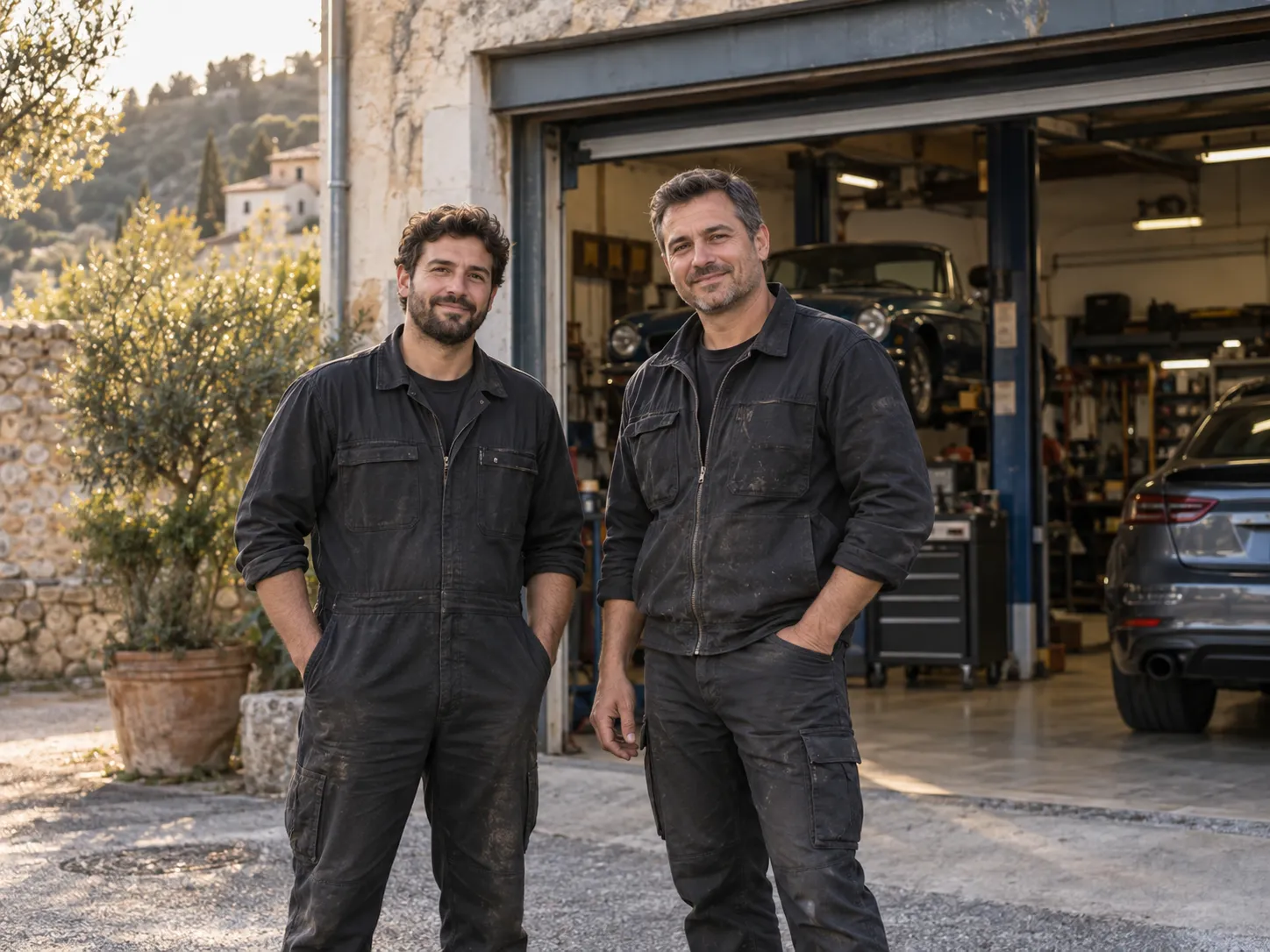 Deux associés en tenue de travail devant l’entrée d’un garage automobile