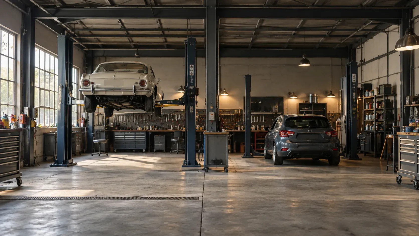Atelier automobile équipé avec une voiture ancienne sur un pont et un véhicule moderne dans un second espace
