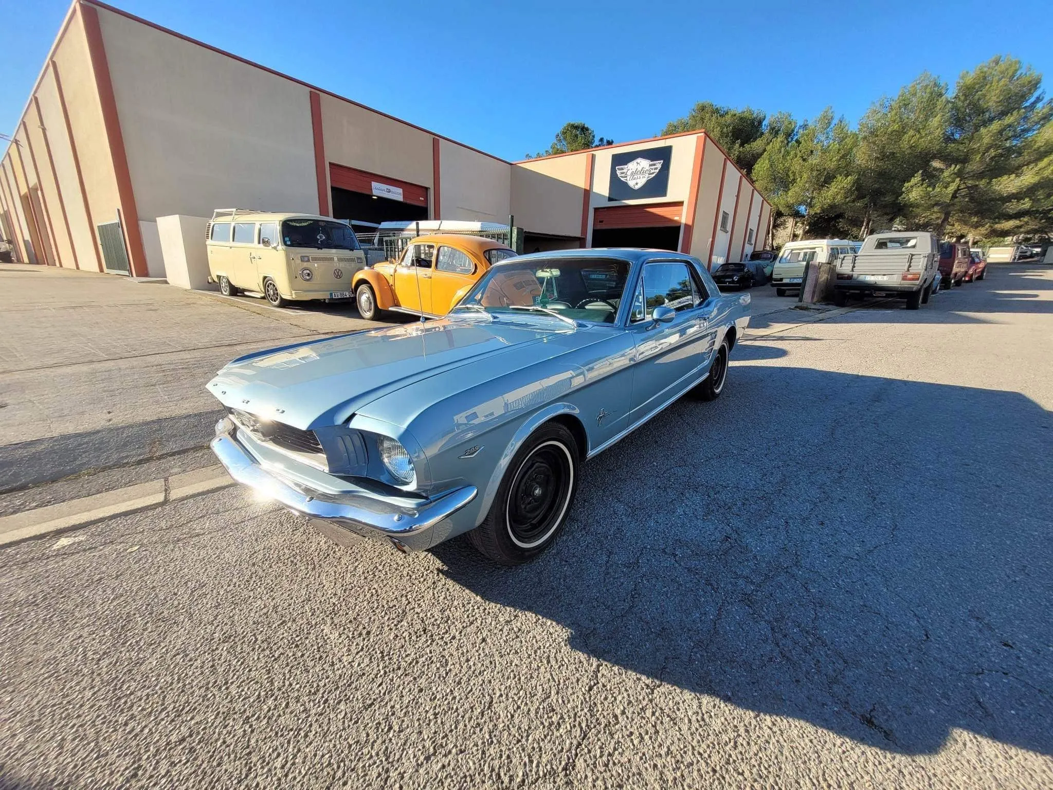 Mustang ancienne bleu clair terminée devant l’atelier, entourée d’autres véhicules de collection