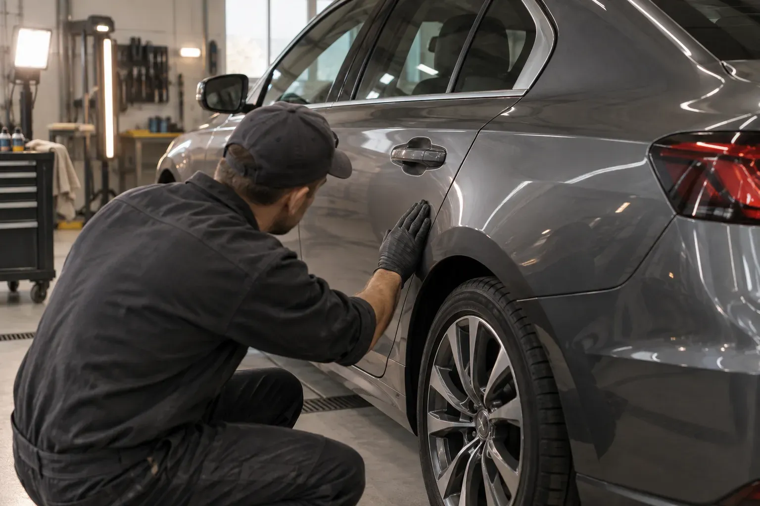Professionnel contrôlant à la main le panneau de carrosserie d’une berline moderne grise