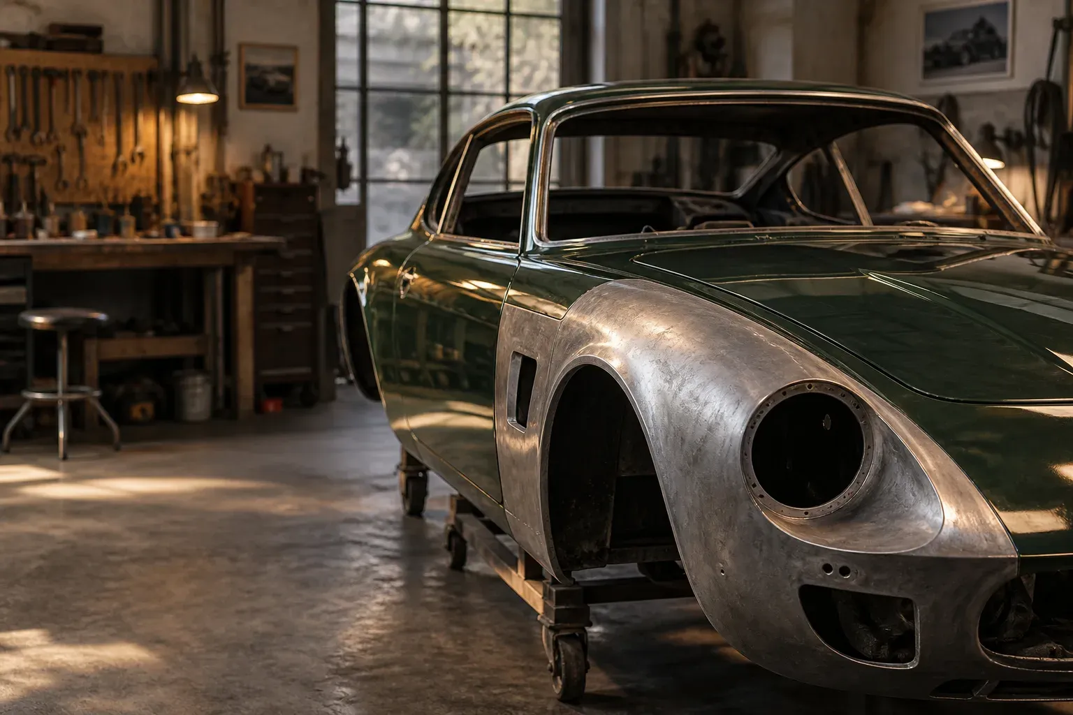 Carrosserie d’une voiture ancienne en cours de restauration, avec métal nu et peinture vert foncé